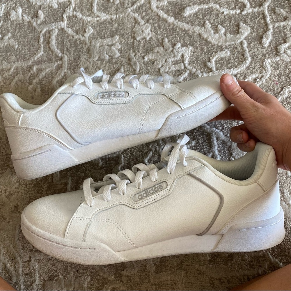 mens retro looking adidas white sneakers